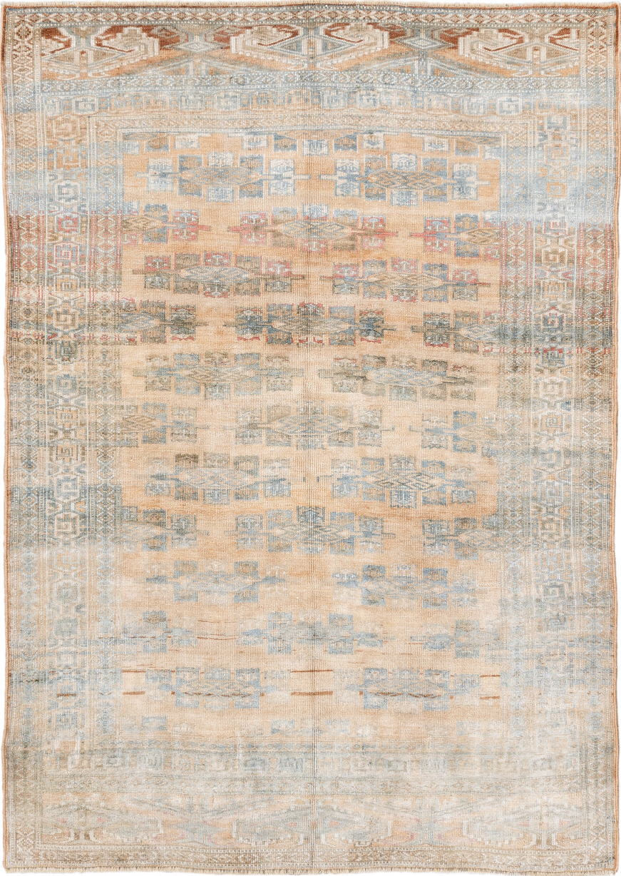 4' x 5' one-of-a-kind handmade vintage Yamoud small size rug. Color palette: antiquewhite, blanched almond, brown, dark gray