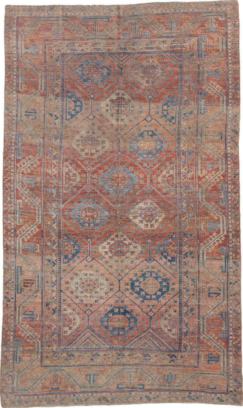 6' x 10' one-of-a-kind handmade vintage Belouch large size rug. Color palette: gray, blue, red, brown, light gray, pink