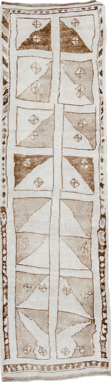 3' x 10' one-of-a-kind handmade vintage Kars runner rug. Color palette: brown, dark gray, gainsboro, gray, light gray