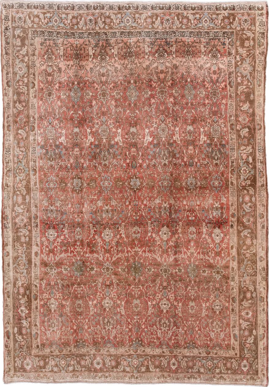 7' x 10' one-of-a-kind handmade vintage Bidjar large size rug. Color palette: brown, gray, light gray, off-white, orange