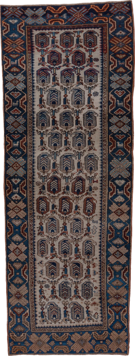 3' x 9' one-of-a-kind handmade vintage NW Persian runner rug. Color palette: black, blue, brown, charcoal, gray
