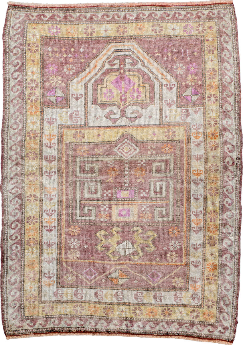 3' x 4' one-of-a-kind handmade vintage Oushak small size rug. Color palette: bisque, brown, gray, light gray, off-white