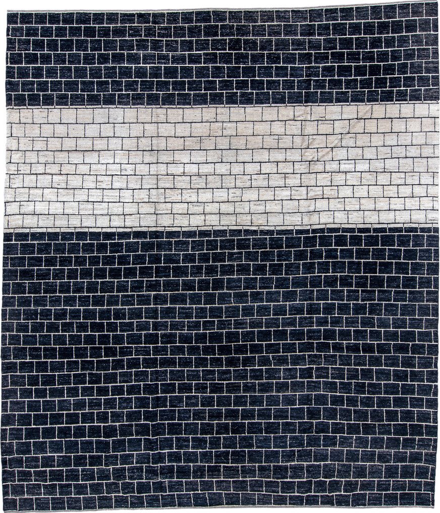 9' x 11' one-of-a-kind handmade vintage Tulu large size rug. Color palette: black, blue, dark gray, dim gray, gainsboro