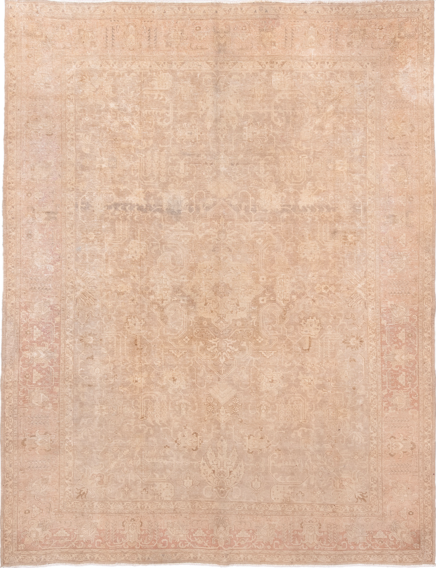 9' x 12' one-of-a-kind handmade vintage Tabriz large size rug. Color palette: bisque, brown, off-white, orange, peach puff