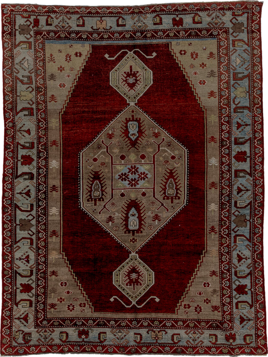 5' x 7' one-of-a-kind handmade vintage Kazak rug. Color palette: black, blue, brown, dim gray, gray, light gray, off-white