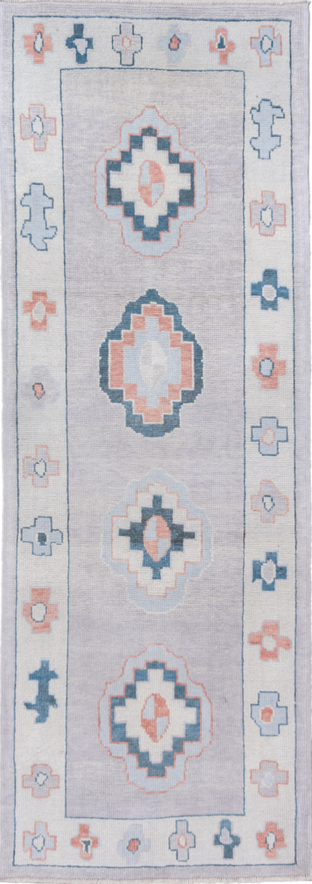 3' x 9' one-of-a-kind handmade vintage Oushak runner rug. Color palette: blue, gainsboro, gray, light gray, off-white, pink
