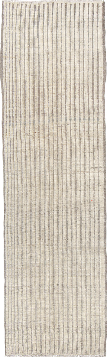 2' x 9' one-of-a-kind handmade vintage Tulu runner rug. Color palette: brown, dark gray, dim gray, gray, light gray