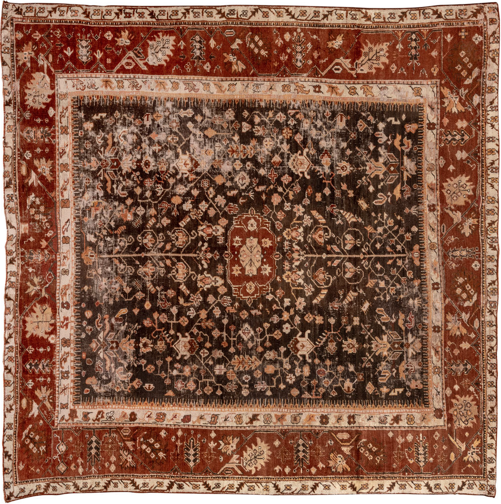 10' x 10' one-of-a-kind handmade vintage Oushak large size rug. Color palette: brown, gray, orange, pink