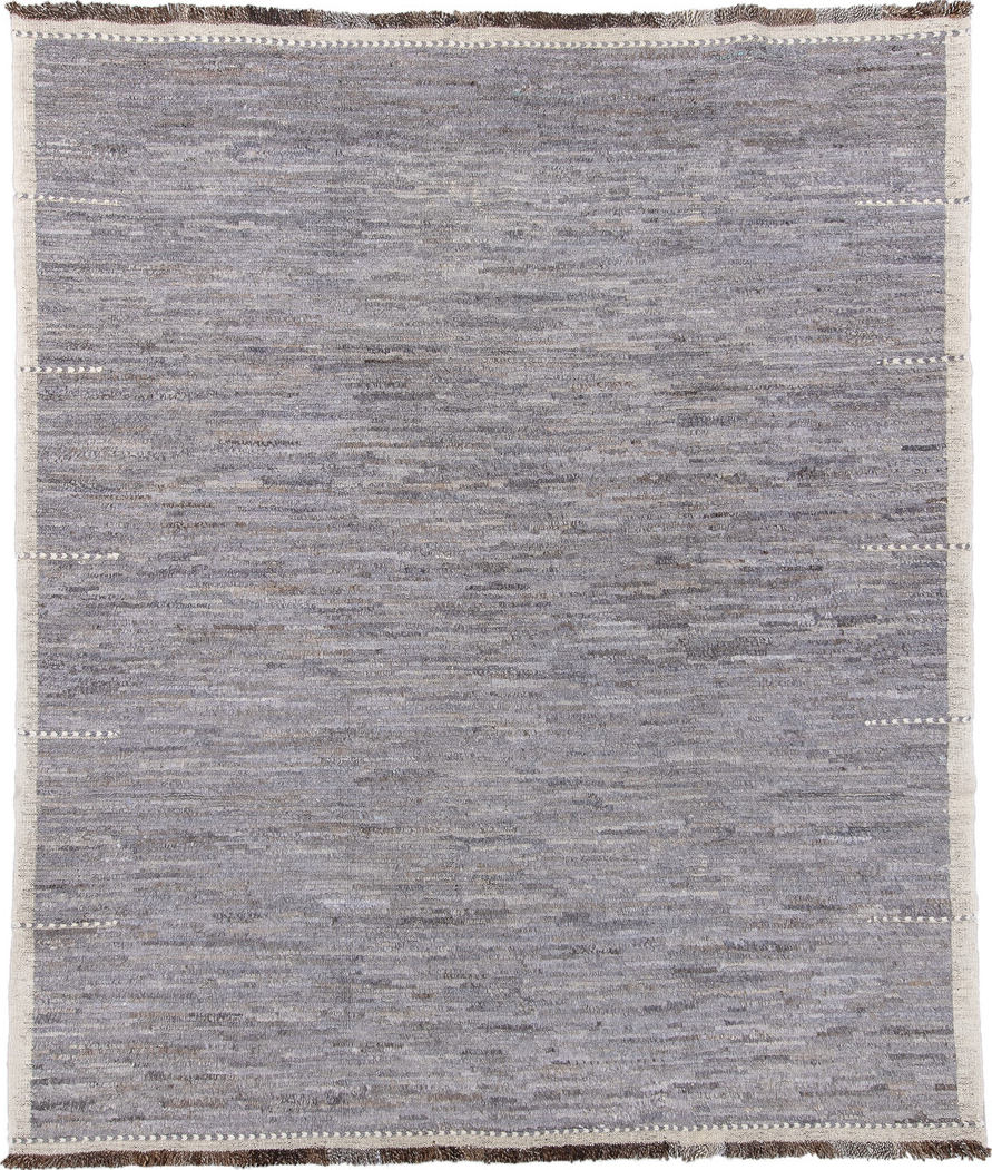 8' x 9' one-of-a-kind handmade vintage Tulu rug. Color palette: blue, dark gray, dim gray, gray, light gray, off-white, pink