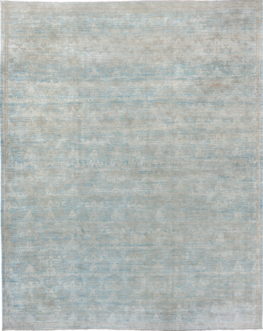 9' x 11' one-of-a-kind handmade vintage Oushak large size rug. Color palette: light gray, off-white, gray, light blue