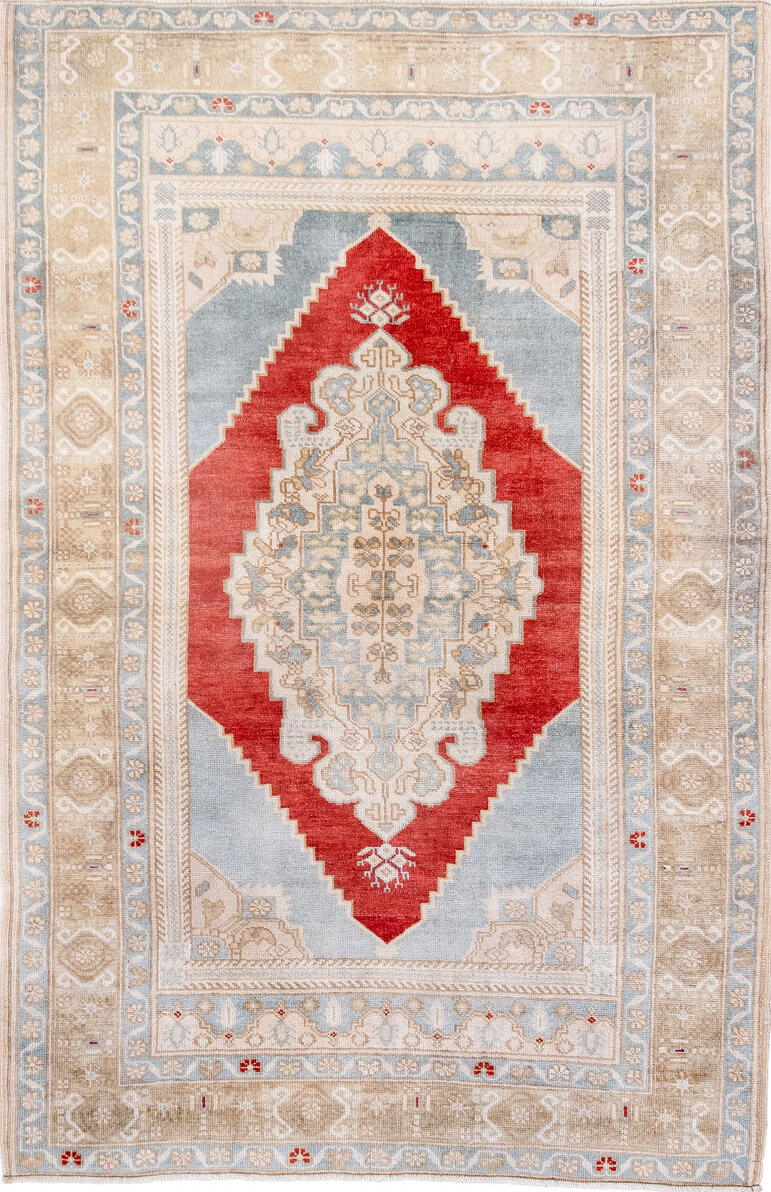 3' x 5' one-of-a-kind handmade vintage Anatol small size rug. Color palette: antiquewhite, brown, dark gray, fire brick