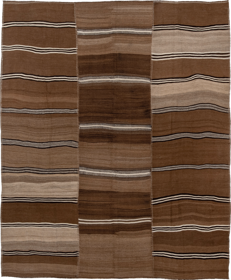 9' x 11' one-of-a-kind handmade vintage Kilim large size rug. Color palette: brown, gray, light gray, off-white, pink