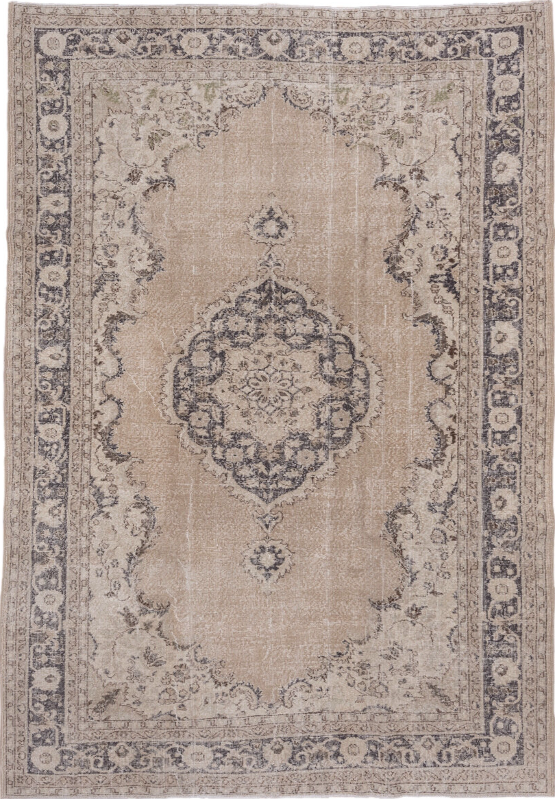 7' x 10' one-of-a-kind handmade vintage Oushak large size rug. Color palette: gray, light gray, off-white, pink