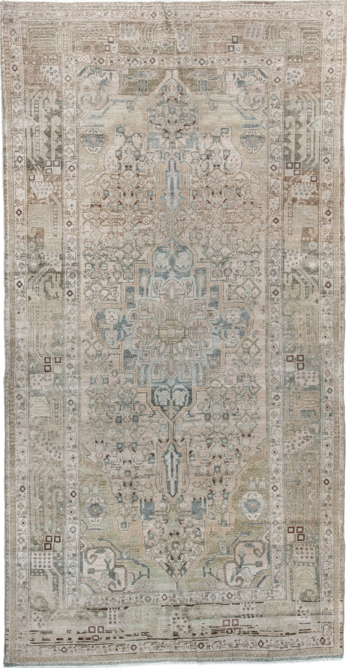 5' x 9' one-of-a-kind handmade vintage Malayer medium size rug. Color palette: light gray, gray, off-white, brown, silver