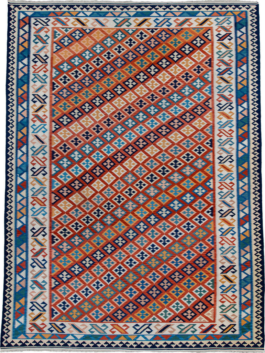 9' x 13' one-of-a-kind handmade vintage Kilim large size rug. Color palette: blue, brown, dark gray, fiord, gray, light gray