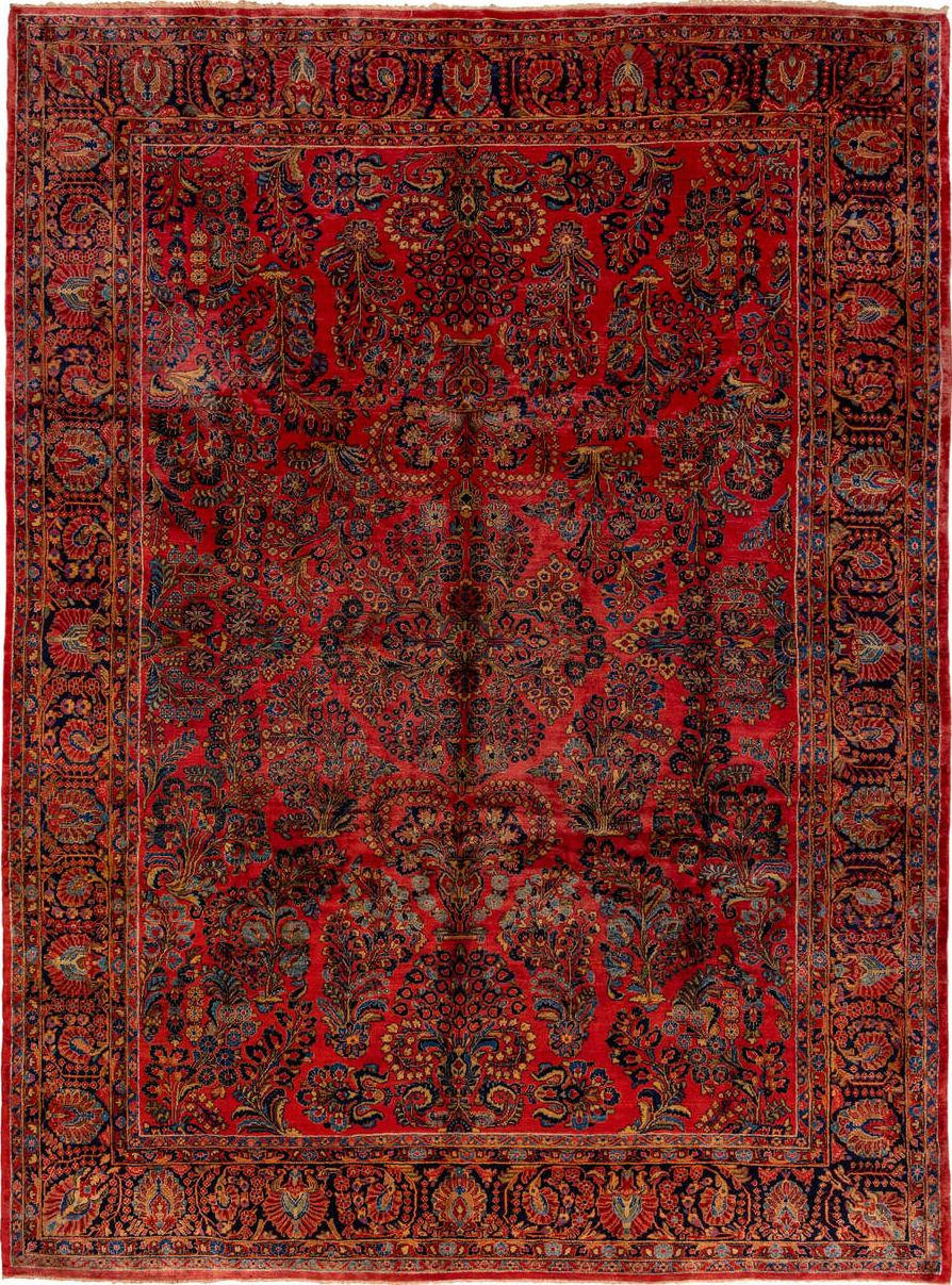 10' x 13' one-of-a-kind handmade vintage Sarouk large size rug. Color palette: arapawa, blue, brown, gray, orange, pink, red
