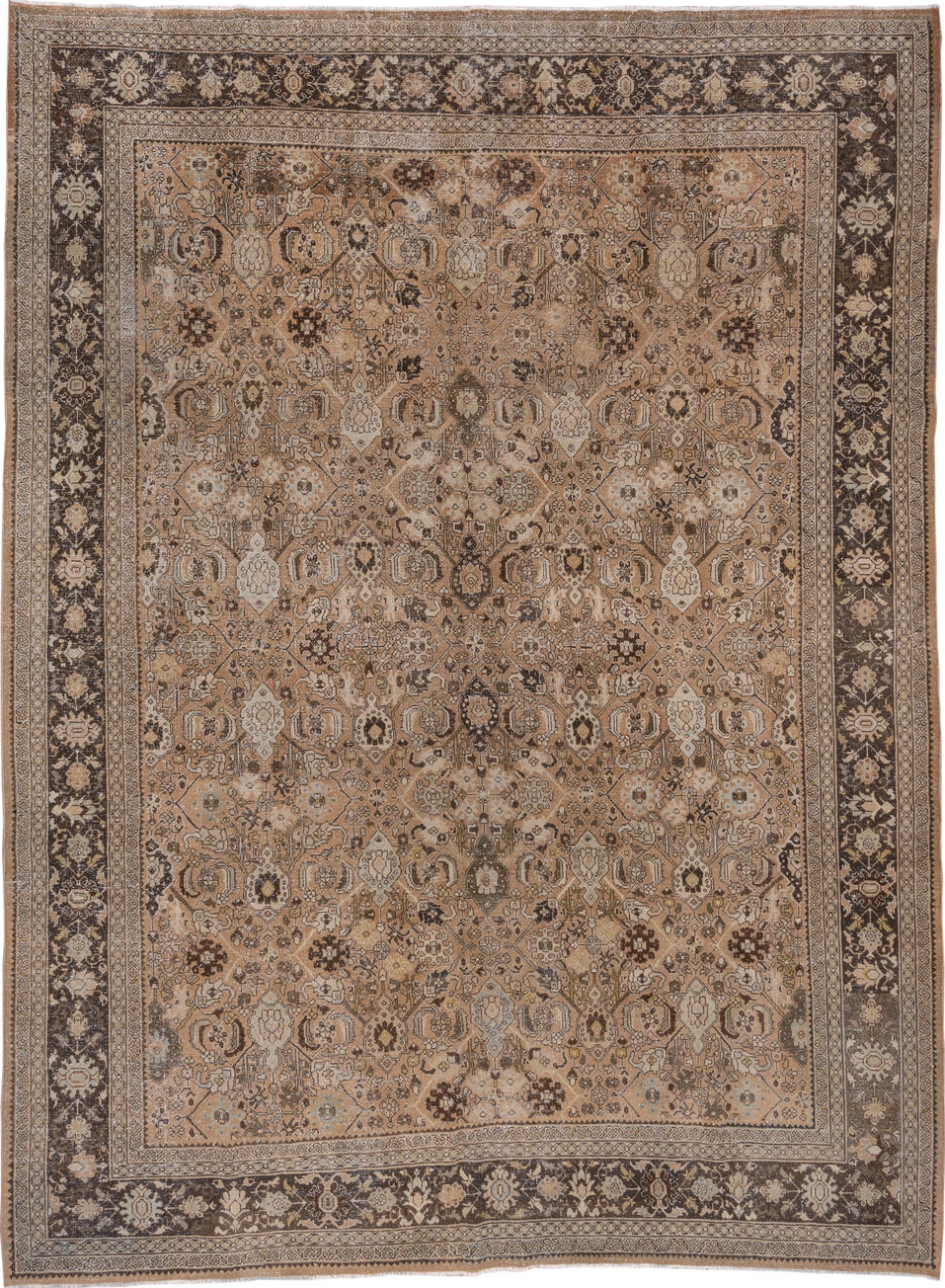 9' x 12' one-of-a-kind handmade vintage Mahal large size rug. Color palette: brown, gray, light gray, off-white, pink