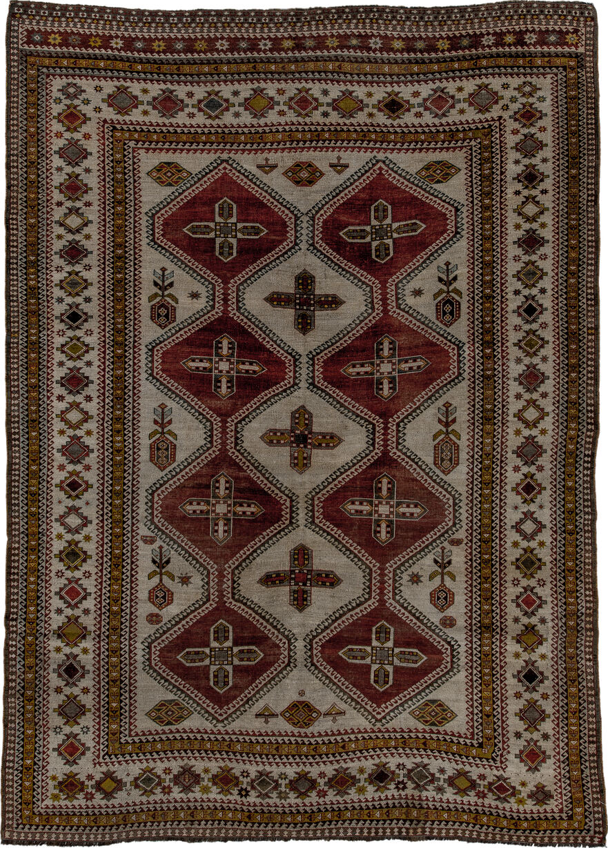 7' x 10' one-of-a-kind handmade vintage Yalameh large size rug. Color palette: brown, gray, light gray, off-white, pink, red
