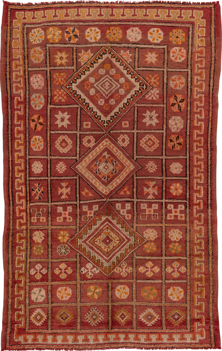 6' x 10' one-of-a-kind handmade vintage Moroccan large size rug. Color palette: red, brown, pink