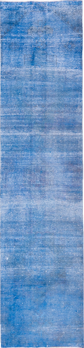 3' x 12' one-of-a-kind handmade vintage Overdyed runner rug. Color palette: blue, gray, light blue, light gray, off-white