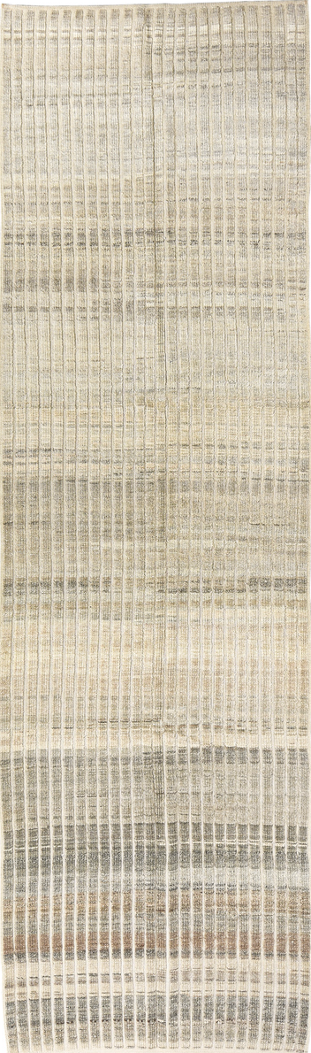 3' x 10' one-of-a-kind handmade vintage Tulu runner rug. Color palette: brown, dark gray, gray, light gray, off-white