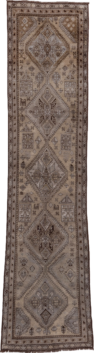 3' x 12' one-of-a-kind handmade vintage Karabagh runner rug. Color palette: brown, gray, off-white, snow, white, whitesmoke
