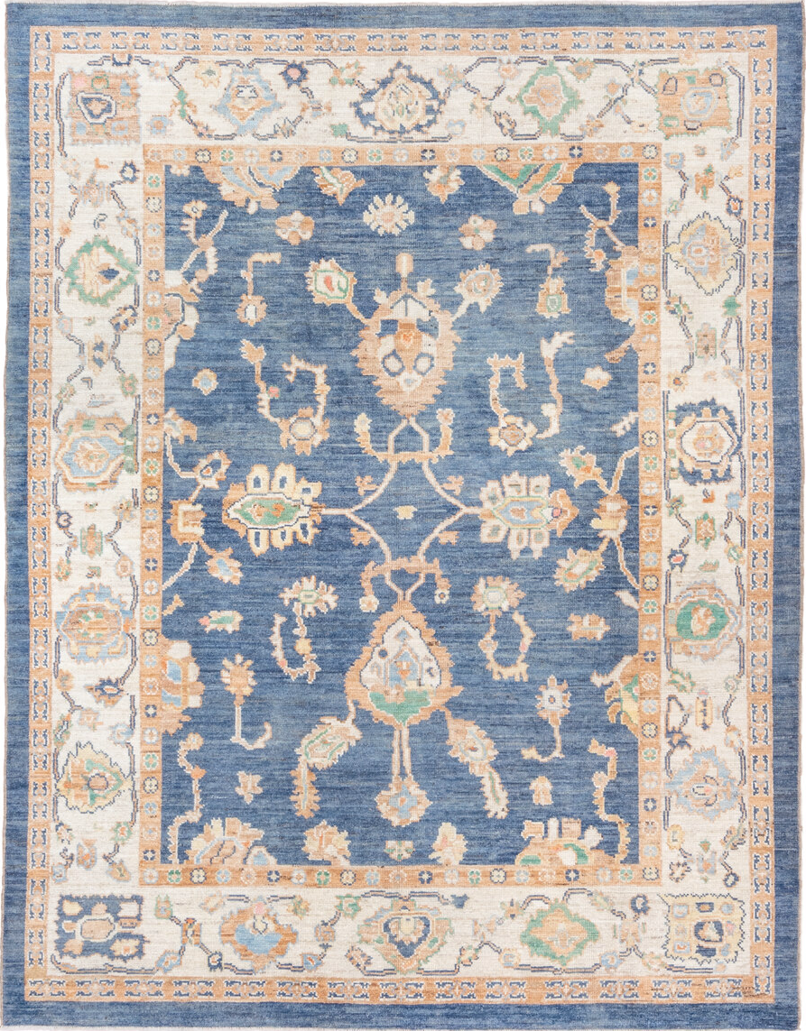 7' x 10' one-of-a-kind handmade vintage Oushak large size rug. Color palette: antiquewhite, blue, brown, fiord, gray