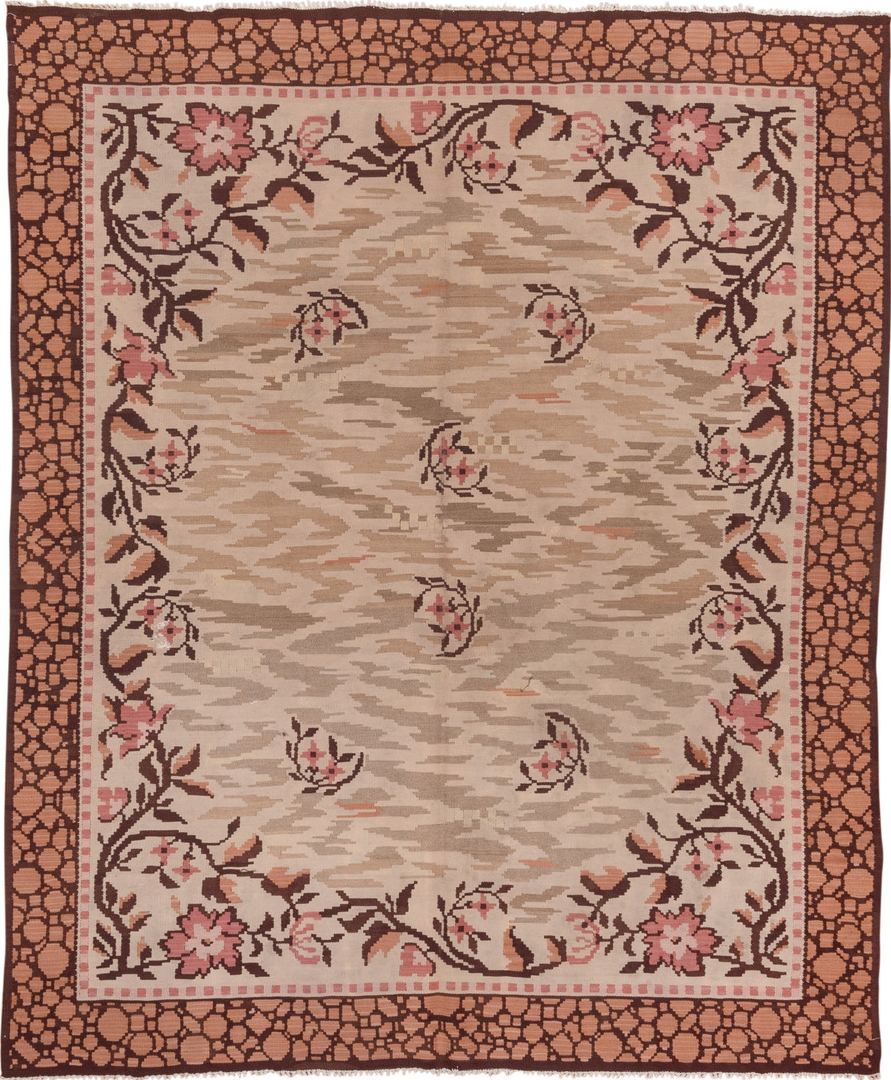 6' x 7' one-of-a-kind handmade vintage Kilim rug. Color palette: brown, gray, light gray, pink, redwood