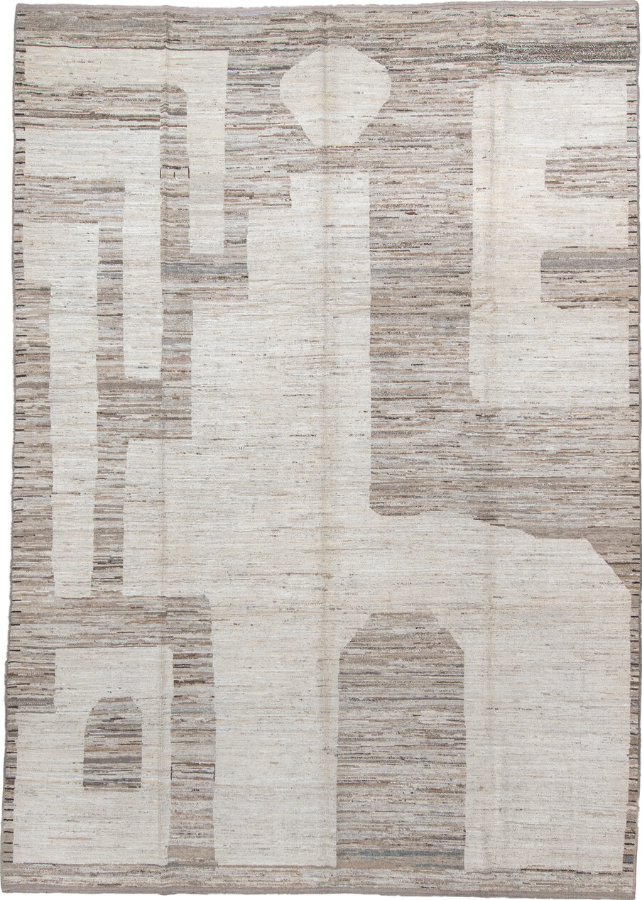 9' x 13' one-of-a-kind handmade vintage Tulu large size rug. Color palette: gray, light gray, off-white, pink, gainsboro