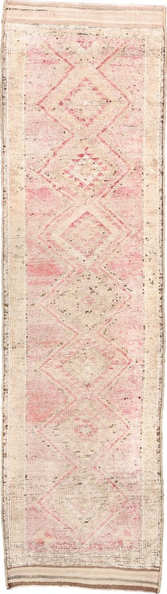 3' x 10' one-of-a-kind handmade vintage Kars runner rug. Color palette: antiquewhite, brown, linen, misty rose, off-white