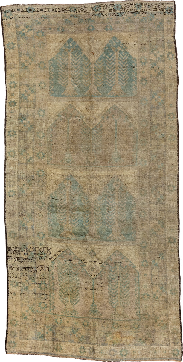 5' x 11' one-of-a-kind handmade vintage Oushak rug. Color palette: brown, gray, off-white