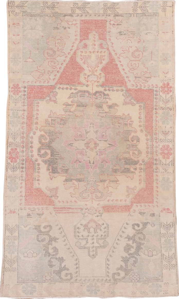 4' x 7' one-of-a-kind handmade vintage Oushak rug. Color palette: brown, gray, light gray, off-white, orange, pink, snow