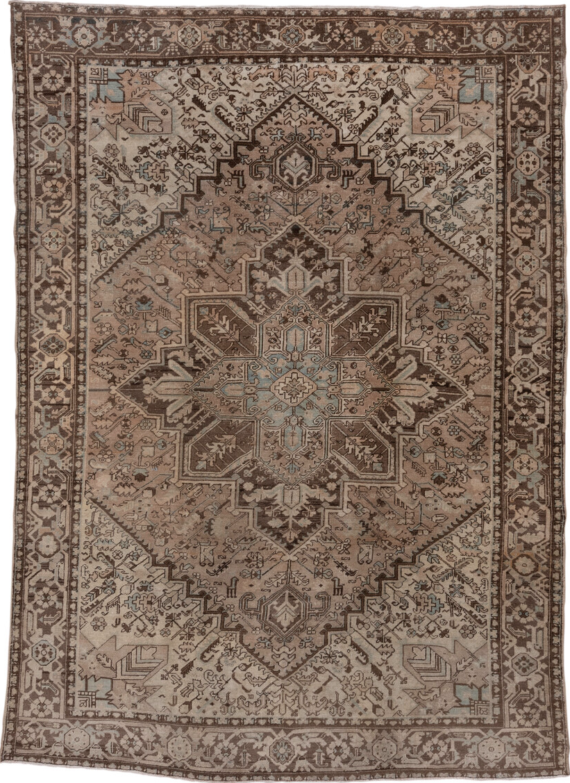 8' x 10' one-of-a-kind handmade vintage Heriz large size rug. Color palette: brown, gray, light gray, off-white, pink, snow