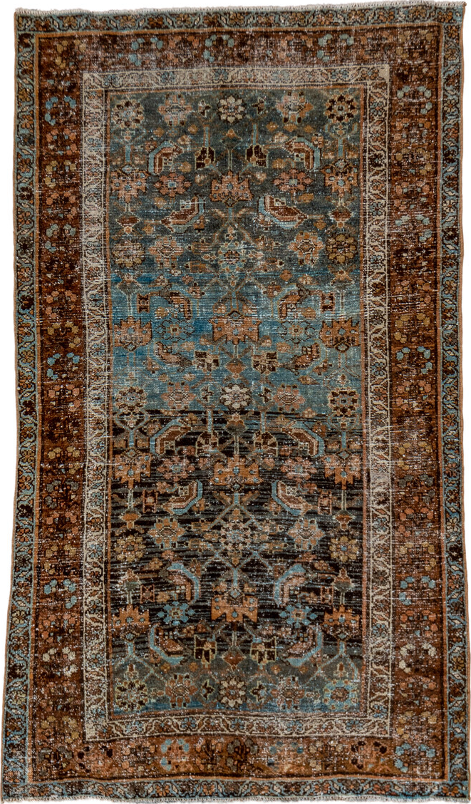 3' x 5' one-of-a-kind handmade vintage Malayer small size rug. Color palette: black, brown, dim gray, gray, light gray