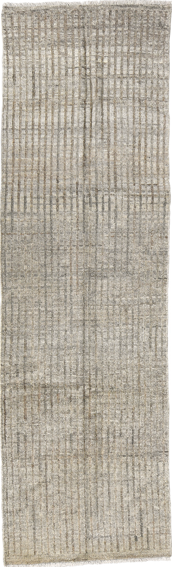 2' x 9' one-of-a-kind handmade vintage Tulu runner rug. Color palette: gray, light gray, off-white, silver