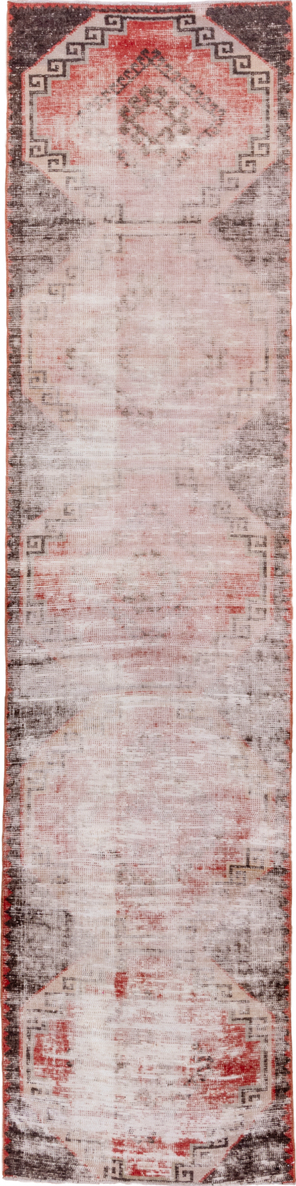 2' x 11' one-of-a-kind handmade vintage Oushak runner rug. Color palette: brown, gray, light gray, off-white, pink, red