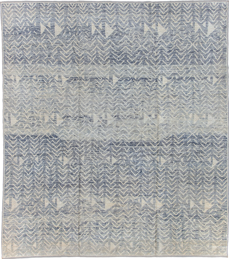 9' x 10' one-of-a-kind handmade vintage Tulu large size rug. Color palette: black, blue, dark gray, dim gray, gainsboro