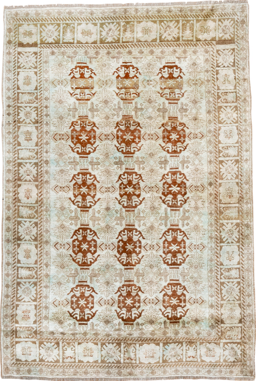 3' x 5' one-of-a-kind handmade vintage Kaisary small size rug. Color palette: brown, gray, light gray, off-white