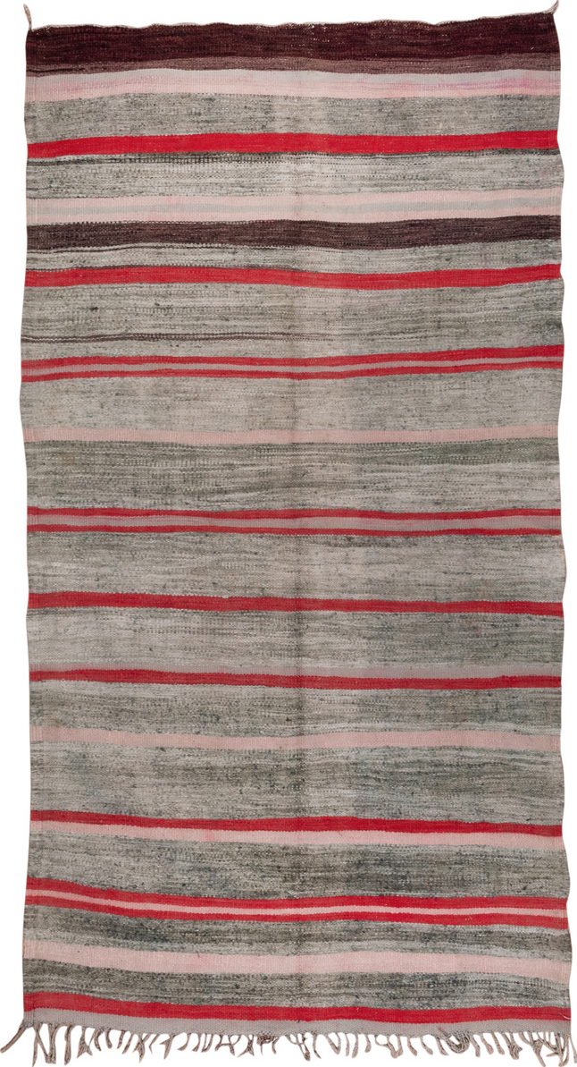 5' x 9' one-of-a-kind handmade vintage Blanket medium size rug. Color palette: brown, gray, light gray, off-white, pink, red