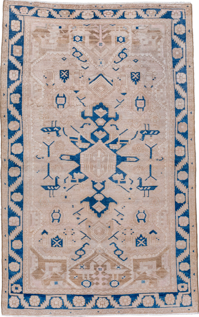 4' x 6' one-of-a-kind handmade vintage Hamadan small size rug. Color palette: antiquewhite, blue, brown, gray, light blue