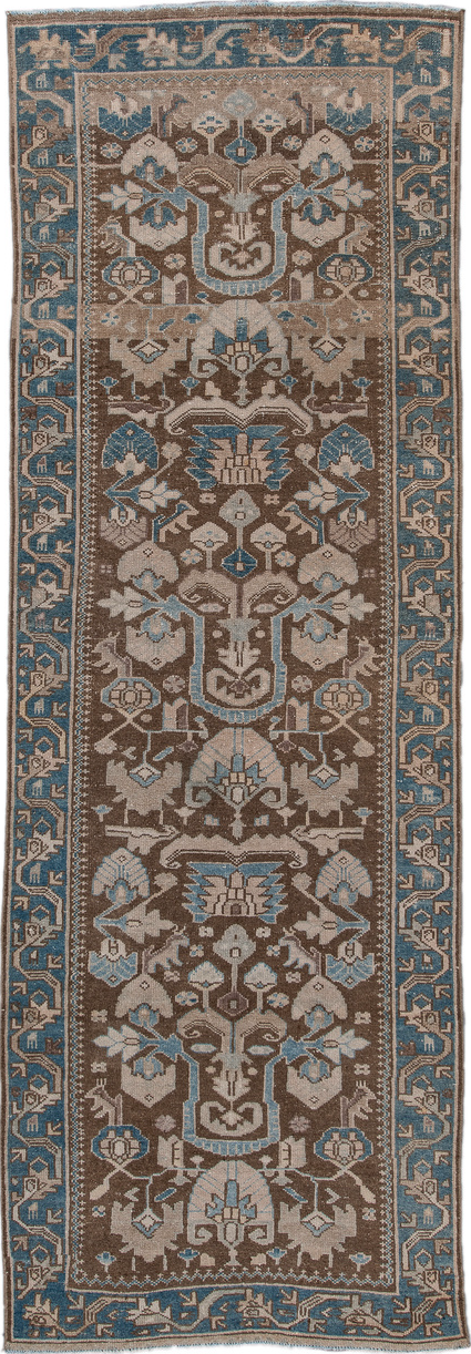 3' x 9' one-of-a-kind handmade vintage Hamadan runner rug. Color palette: blue, brown, gray, light gray, off-white
