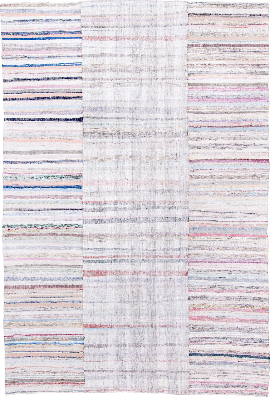 8' x 12' one-of-a-kind handmade vintage Rag Rug large size rug. Color palette: dark gray, gainsboro, gray, light blue