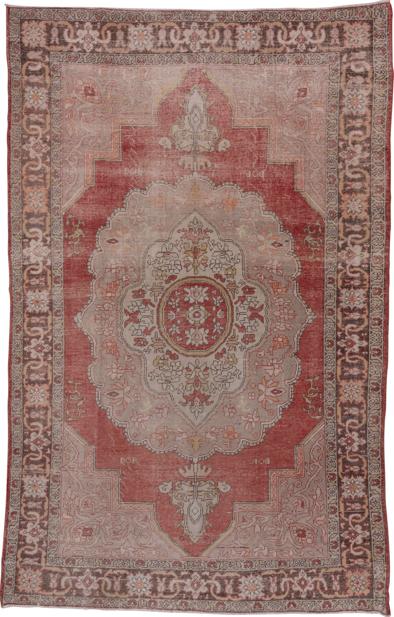 7' x 12' one-of-a-kind handmade vintage Oushak large size rug. Color palette: brown, gray, light gray, off-white, pink, red