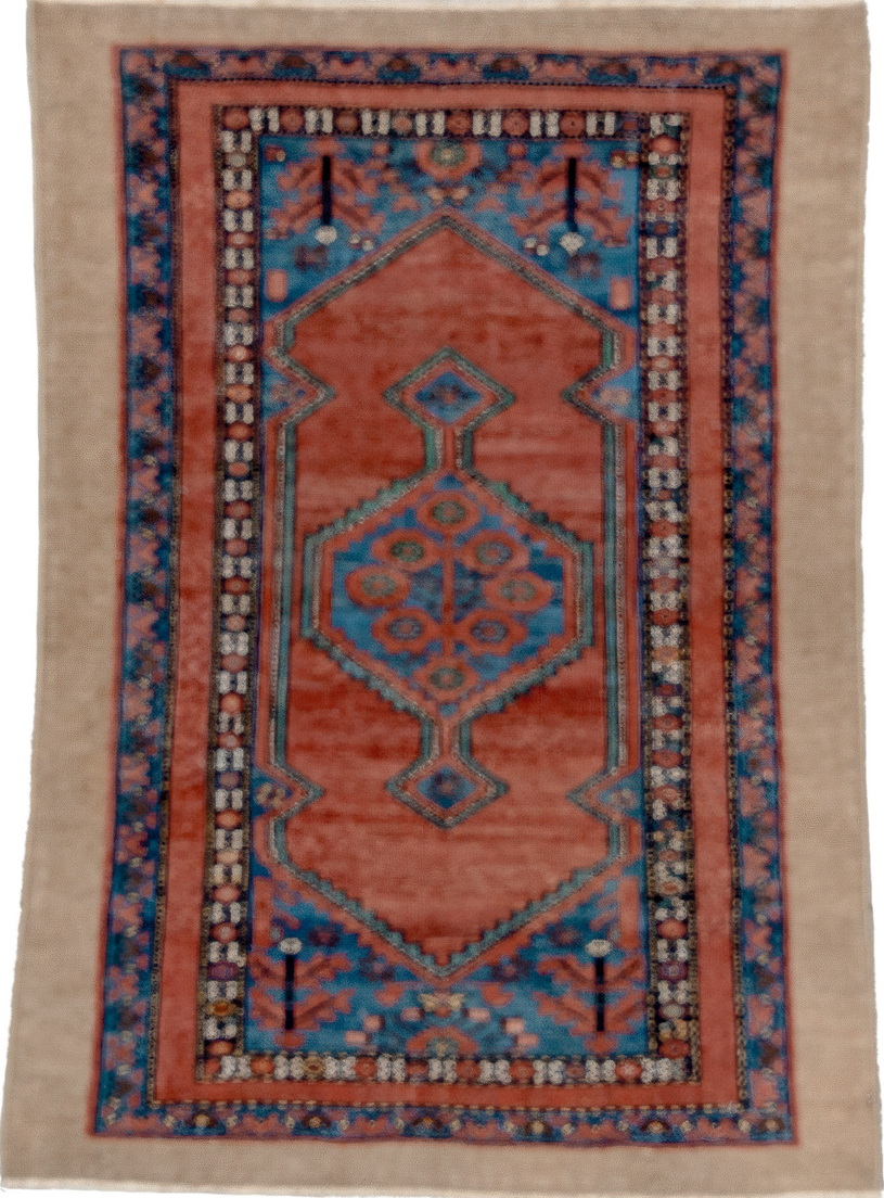 2' x 4' one-of-a-kind handmade vintage Cam Hamadan small size rug. Color palette: arapawa, blue, brown, fiord, gray, red