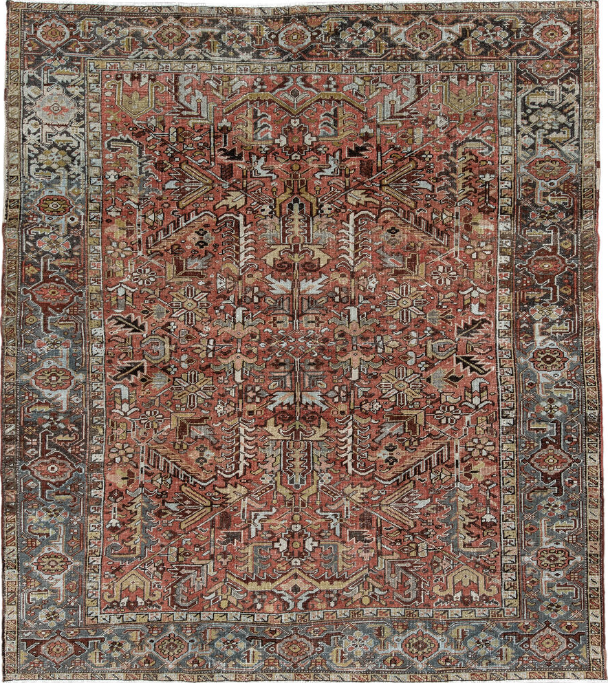 6' x 7' one-of-a-kind handmade vintage Heriz rug. Color palette: pink, brown, off-white, gray, black, light gray, red