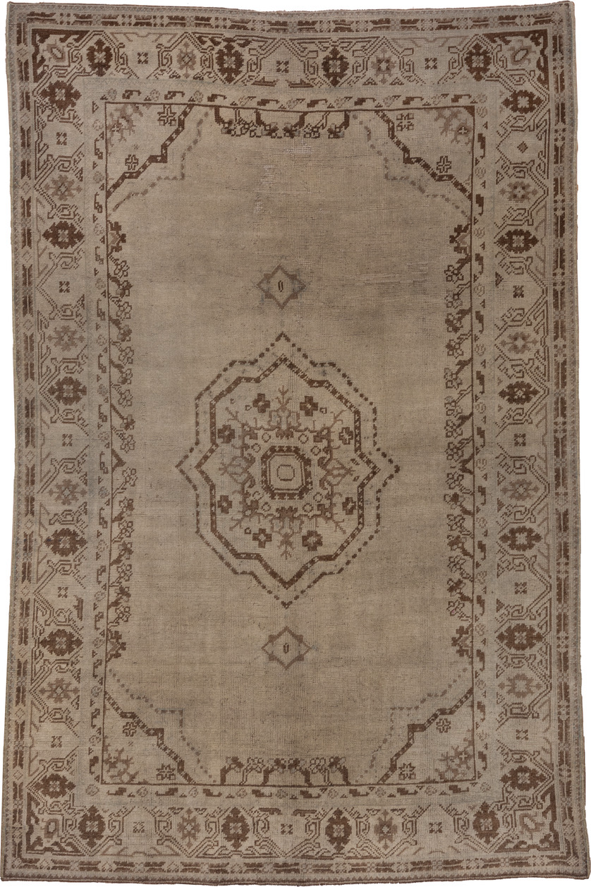 6' x 9' one-of-a-kind handmade vintage Oushak medium size rug. Color palette: brown, gray, light gray, off-white, pink, snow