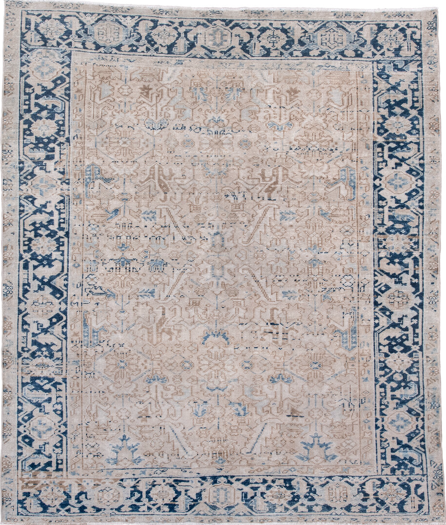 7' x 8' one-of-a-kind handmade vintage Heriz rug. Color palette: arapawa, blue, dark gray, fiord, gainsboro, gray