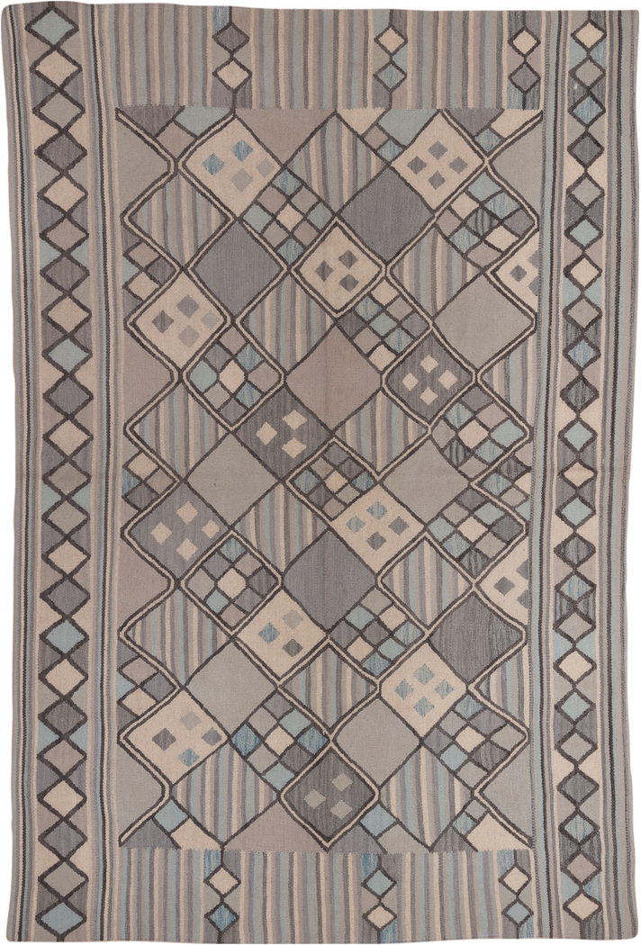 6' x 9' one-of-a-kind handmade vintage Kilim medium size rug. Color palette: brown, dark gray, dim gray, gray, light gray