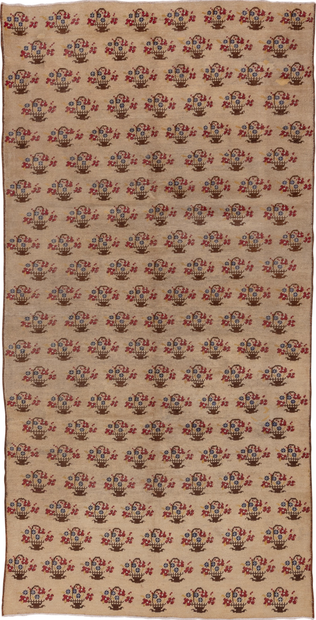 5' x 10' one-of-a-kind handmade vintage Konya medium size rug. Color palette: brown, gray, pink, red