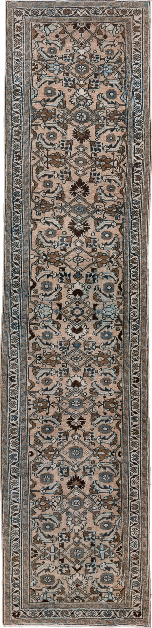 2' x 11' one-of-a-kind handmade vintage Hamadan runner rug. Color palette: gray, black, light gray, off-white, pink, silver